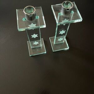 Green Glass With Etched Jewish Star Candle Holders